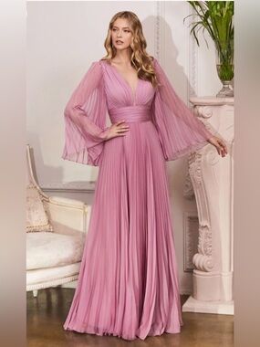 Cinderella Divine - Pleated Chiffon Long Sleeve Gown - Blossom Pink - NWT - 8